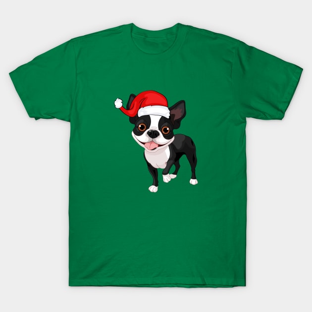 Santa Boston Terrier Cartoon Dog T-Shirt by Seasonal Dogs